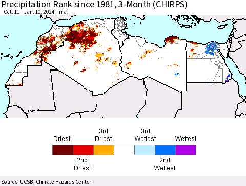 North Africa Precipitation Rank since 1981, 3-Month (CHIRPS) Thematic Map For 10/11/2023 - 1/10/2024