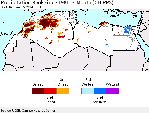 North Africa Precipitation Rank since 1981, 3-Month (CHIRPS) Thematic Map For 10/16/2023 - 1/15/2024