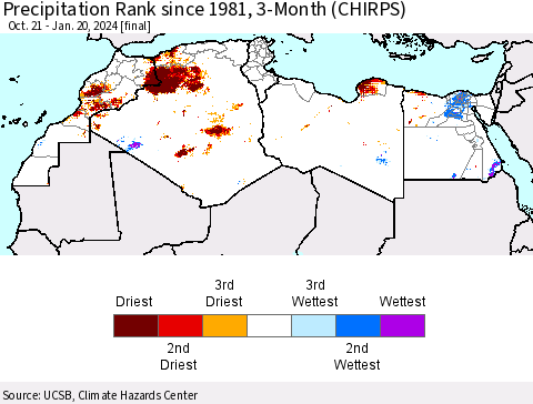 North Africa Precipitation Rank since 1981, 3-Month (CHIRPS) Thematic Map For 10/21/2023 - 1/20/2024