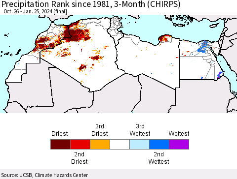 North Africa Precipitation Rank since 1981, 3-Month (CHIRPS) Thematic Map For 10/26/2023 - 1/25/2024