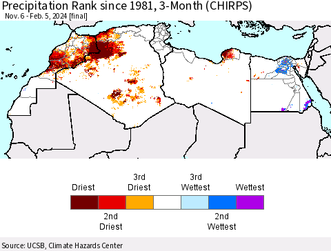 North Africa Precipitation Rank since 1981, 3-Month (CHIRPS) Thematic Map For 11/6/2023 - 2/5/2024