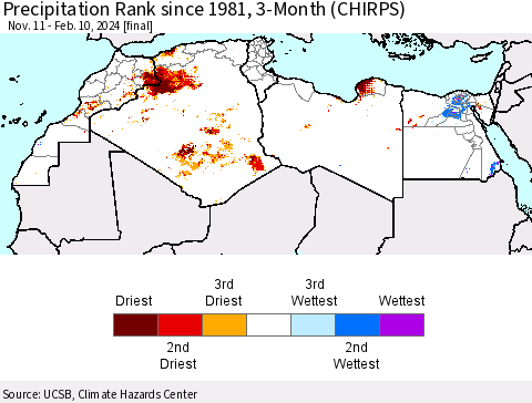 North Africa Precipitation Rank since 1981, 3-Month (CHIRPS) Thematic Map For 11/11/2023 - 2/10/2024