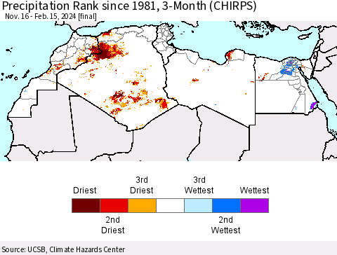 North Africa Precipitation Rank since 1981, 3-Month (CHIRPS) Thematic Map For 11/16/2023 - 2/15/2024