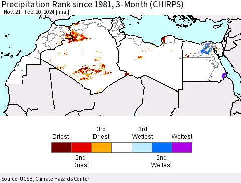 North Africa Precipitation Rank since 1981, 3-Month (CHIRPS) Thematic Map For 11/21/2023 - 2/20/2024