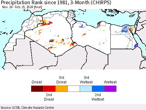 North Africa Precipitation Rank since 1981, 3-Month (CHIRPS) Thematic Map For 11/26/2023 - 2/25/2024