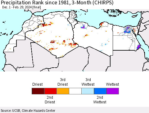 North Africa Precipitation Rank since 1981, 3-Month (CHIRPS) Thematic Map For 12/1/2023 - 2/29/2024