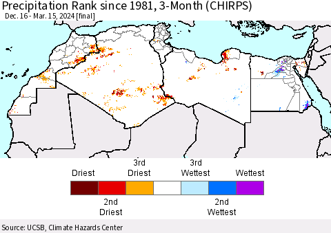 North Africa Precipitation Rank since 1981, 3-Month (CHIRPS) Thematic Map For 12/16/2023 - 3/15/2024