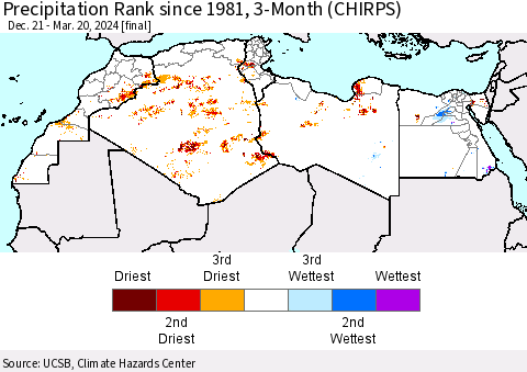 North Africa Precipitation Rank since 1981, 3-Month (CHIRPS) Thematic Map For 12/21/2023 - 3/20/2024