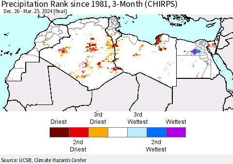 North Africa Precipitation Rank since 1981, 3-Month (CHIRPS) Thematic Map For 12/26/2023 - 3/25/2024