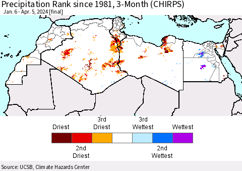 North Africa Precipitation Rank since 1981, 3-Month (CHIRPS) Thematic Map For 1/6/2024 - 4/5/2024