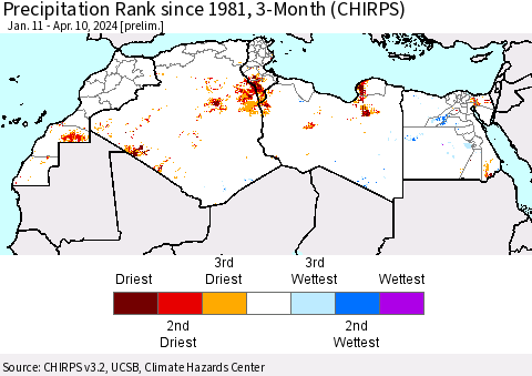 North Africa Precipitation Rank since 1981, 3-Month (CHIRPS) Thematic Map For 1/11/2024 - 4/10/2024
