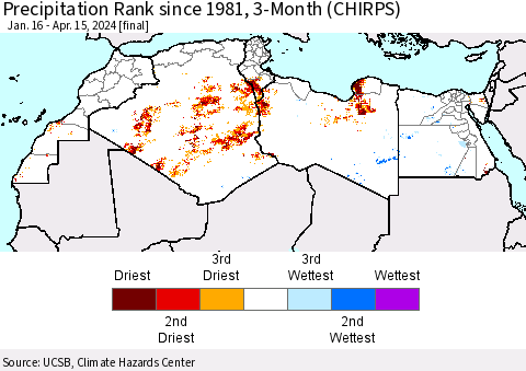 North Africa Precipitation Rank since 1981, 3-Month (CHIRPS) Thematic Map For 1/16/2024 - 4/15/2024