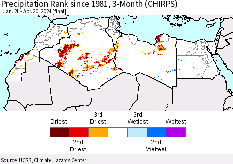 North Africa Precipitation Rank since 1981, 3-Month (CHIRPS) Thematic Map For 1/21/2024 - 4/20/2024