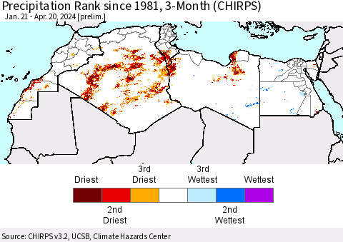 North Africa Precipitation Rank since 1981, 3-Month (CHIRPS) Thematic Map For 1/21/2024 - 4/20/2024