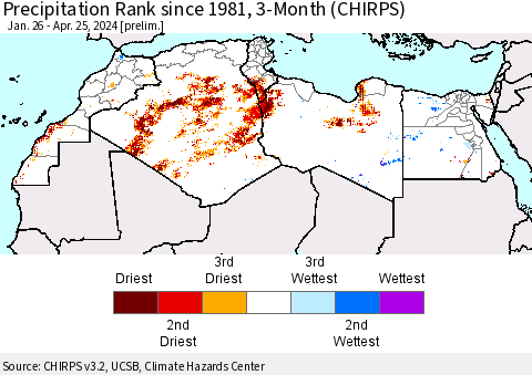 North Africa Precipitation Rank since 1981, 3-Month (CHIRPS) Thematic Map For 1/26/2024 - 4/25/2024