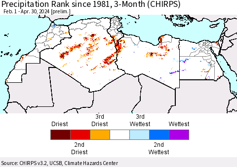 North Africa Precipitation Rank since 1981, 3-Month (CHIRPS) Thematic Map For 2/1/2024 - 4/30/2024