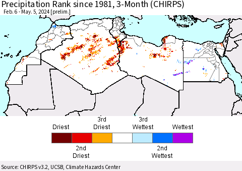 North Africa Precipitation Rank since 1981, 3-Month (CHIRPS) Thematic Map For 2/6/2024 - 5/5/2024