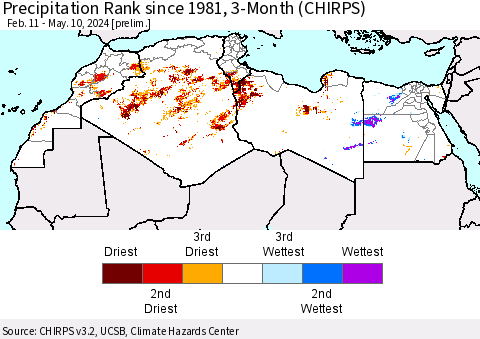 North Africa Precipitation Rank since 1981, 3-Month (CHIRPS) Thematic Map For 2/11/2024 - 5/10/2024