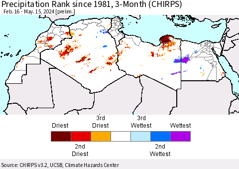 North Africa Precipitation Rank since 1981, 3-Month (CHIRPS) Thematic Map For 2/16/2024 - 5/15/2024