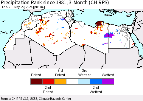 North Africa Precipitation Rank since 1981, 3-Month (CHIRPS) Thematic Map For 2/21/2024 - 5/20/2024