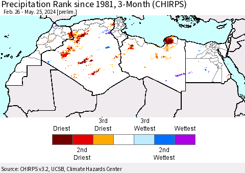 North Africa Precipitation Rank since 1981, 3-Month (CHIRPS) Thematic Map For 2/26/2024 - 5/25/2024