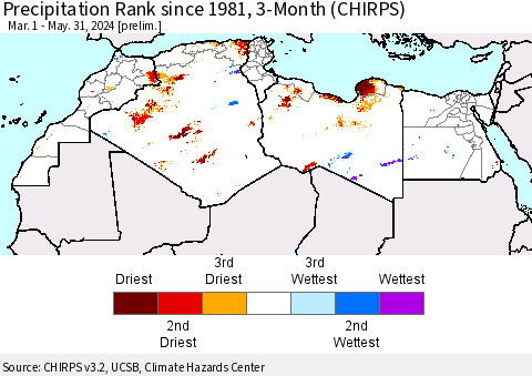 North Africa Precipitation Rank since 1981, 3-Month (CHIRPS) Thematic Map For 3/1/2024 - 5/31/2024