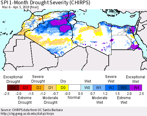 North Africa SPI 1-Month Drought Severity (CHIRPS) Thematic Map For 3/6/2019 - 4/5/2019