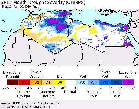 North Africa SPI 1-Month Drought Severity (CHIRPS) Thematic Map For 3/11/2019 - 4/10/2019