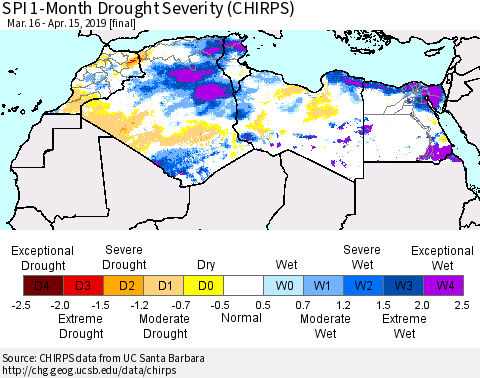 North Africa SPI 1-Month Drought Severity (CHIRPS) Thematic Map For 3/16/2019 - 4/15/2019