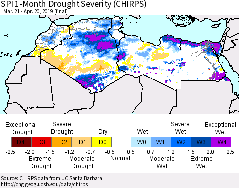 North Africa SPI 1-Month Drought Severity (CHIRPS) Thematic Map For 3/21/2019 - 4/20/2019