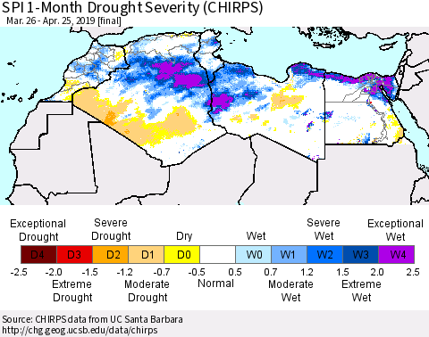 North Africa SPI 1-Month Drought Severity (CHIRPS) Thematic Map For 3/26/2019 - 4/25/2019