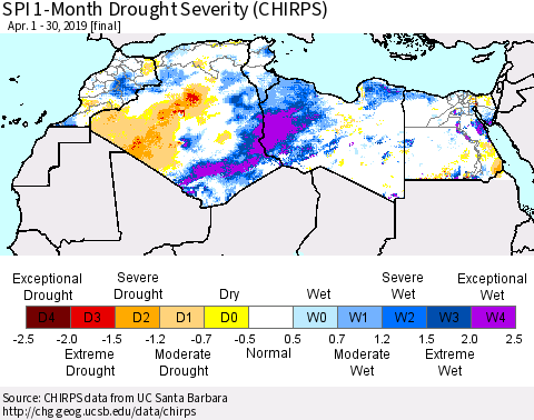 North Africa SPI 1-Month Drought Severity (CHIRPS) Thematic Map For 4/1/2019 - 4/30/2019
