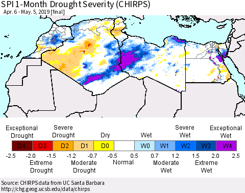 North Africa SPI 1-Month Drought Severity (CHIRPS) Thematic Map For 4/6/2019 - 5/5/2019