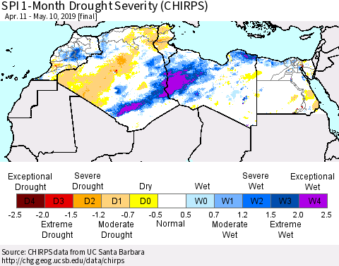 North Africa SPI 1-Month Drought Severity (CHIRPS) Thematic Map For 4/11/2019 - 5/10/2019