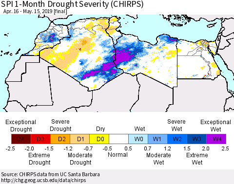 North Africa SPI 1-Month Drought Severity (CHIRPS) Thematic Map For 4/16/2019 - 5/15/2019