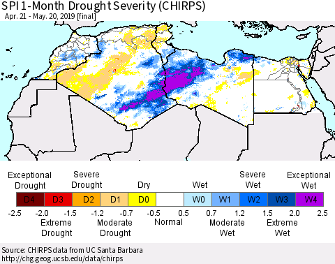 North Africa SPI 1-Month Drought Severity (CHIRPS) Thematic Map For 4/21/2019 - 5/20/2019