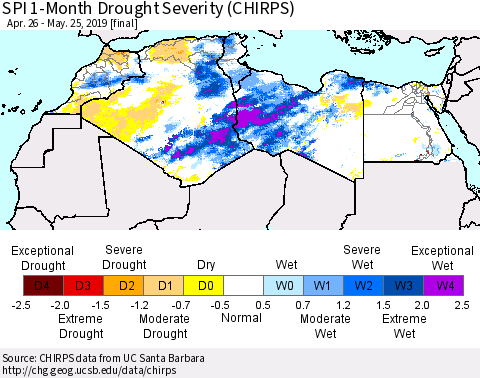 North Africa SPI 1-Month Drought Severity (CHIRPS) Thematic Map For 4/26/2019 - 5/25/2019