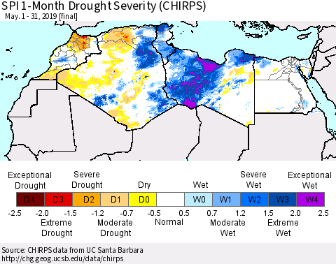 North Africa SPI 1-Month Drought Severity (CHIRPS) Thematic Map For 5/1/2019 - 5/31/2019