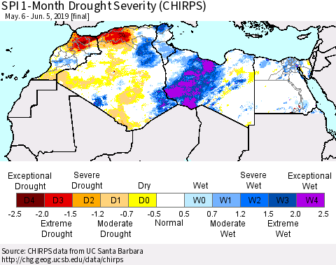 North Africa SPI 1-Month Drought Severity (CHIRPS) Thematic Map For 5/6/2019 - 6/5/2019