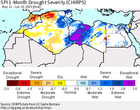North Africa SPI 1-Month Drought Severity (CHIRPS) Thematic Map For 5/11/2019 - 6/10/2019