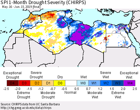 North Africa SPI 1-Month Drought Severity (CHIRPS) Thematic Map For 5/16/2019 - 6/15/2019