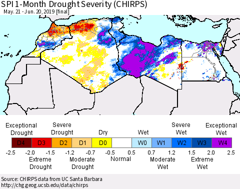 North Africa SPI 1-Month Drought Severity (CHIRPS) Thematic Map For 5/21/2019 - 6/20/2019