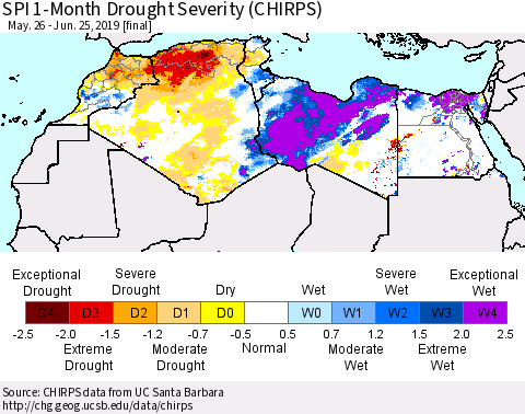 North Africa SPI 1-Month Drought Severity (CHIRPS) Thematic Map For 5/26/2019 - 6/25/2019