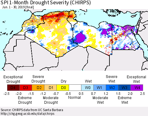 North Africa SPI 1-Month Drought Severity (CHIRPS) Thematic Map For 6/1/2019 - 6/30/2019