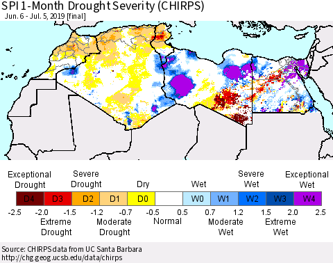 North Africa SPI 1-Month Drought Severity (CHIRPS) Thematic Map For 6/6/2019 - 7/5/2019