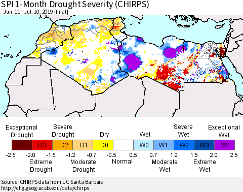 North Africa SPI 1-Month Drought Severity (CHIRPS) Thematic Map For 6/11/2019 - 7/10/2019