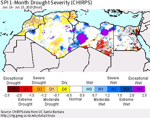 North Africa SPI 1-Month Drought Severity (CHIRPS) Thematic Map For 6/16/2019 - 7/15/2019