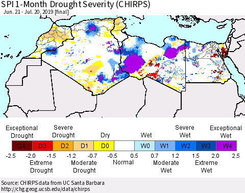 North Africa SPI 1-Month Drought Severity (CHIRPS) Thematic Map For 6/21/2019 - 7/20/2019