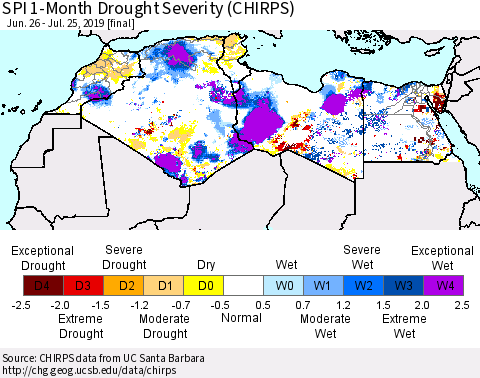 North Africa SPI 1-Month Drought Severity (CHIRPS) Thematic Map For 6/26/2019 - 7/25/2019