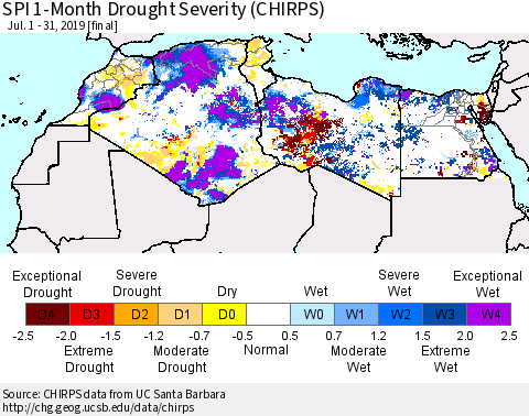 North Africa SPI 1-Month Drought Severity (CHIRPS) Thematic Map For 7/1/2019 - 7/31/2019